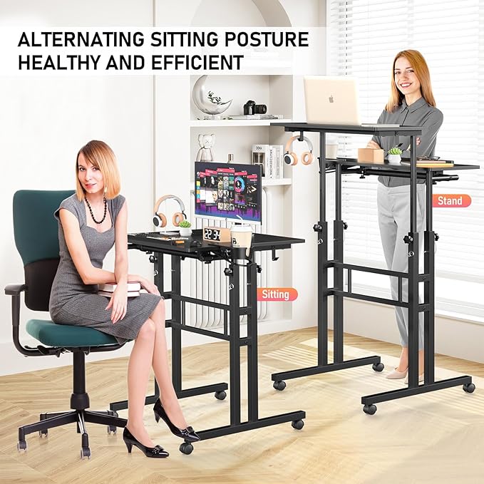 Small Standing Desk with Wheels, Tall Mobile Stand Up Table, Portable Standing Desk for Walking Pad, Rolling Table Adjustable Height, Rolling Computer Table for Tall Person