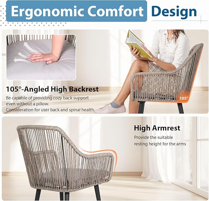 JOIVI Outdoor Dining Chairs Set of 6, 6 Pieces Woven Rope Patio Chairs with Armrest and Seat Cushions for Outside Porch, Balcony or Indoor Dining Kitchen, Restaurant, Tan