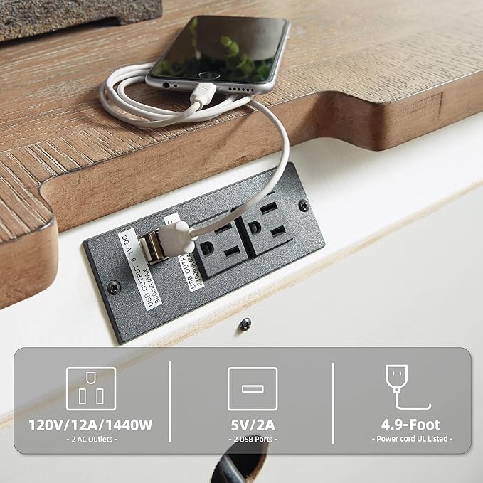 Signature Design by Ashley Realyn French Country 3 Drawer Nightstand with Electrical Outlets & USB Ports, 27.75" Tall, Chipped White