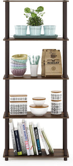 Furinno TURN-N-TUBE Storage Shelves, 5-Tier Book Shelf, Corner Shelf, Toolless Open Shelves, for Organization and Storage, Living Room, Garage, Home Office, Walnut