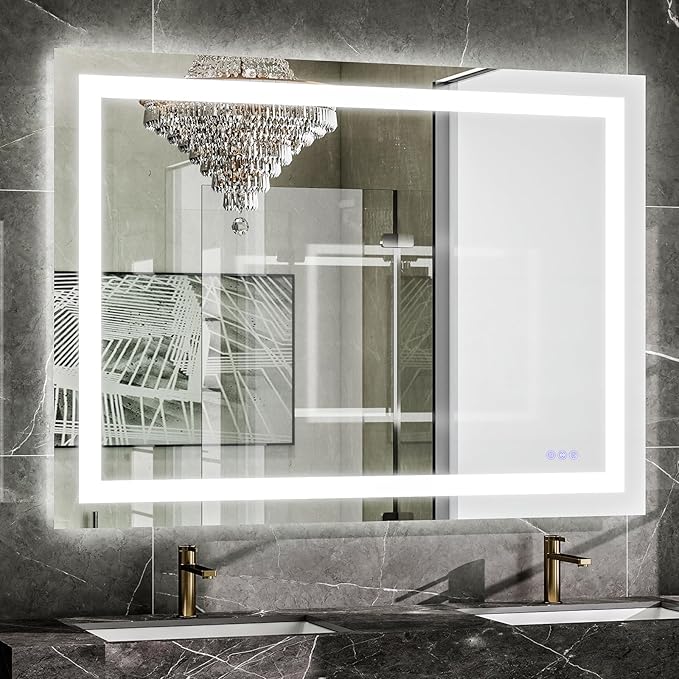 VooBang LED Wall Mounted Mirror with Lights, 40x30 inches Bathroom Mirror, Button to Adjust Lights, Three Lighting Modes, Tempered Glass with Anti-Fog Function, Suitable for Vanity and Bedroom, White