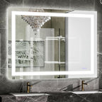 VooBang LED Wall Mounted Mirror with Lights, 40x30 inches Bathroom Mirror, Button to Adjust Lights, Three Lighting Modes, Tempered Glass with Anti-Fog Function, Suitable for Vanity and Bedroom, White