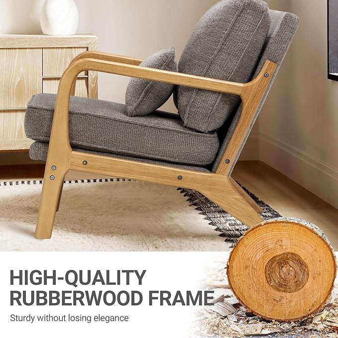 Modern Accent Chair with Lumbar Pillow, Relaxing Mid Century Chair Armchair with Solid Wood Frame & Soft Cushion, Reading Leisure Armchair for Living Room, Grey