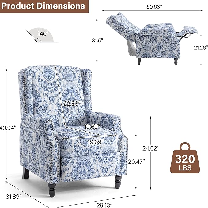 Pushback Recliner Chair Set of 2, Floral Fabric Wingback Recliner Chair, Upholstered Armchair Push Back Recliner, Rivet Trim Single Sofa Accent Chair with Wood Legs for Living Room, Navy