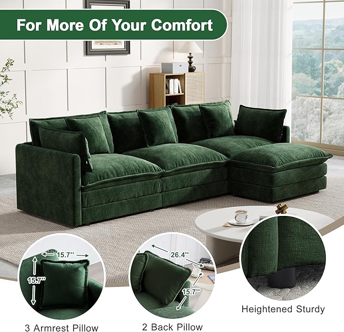 Modular Sectional Sofa, 111.5 Inch L-Shaped Cloud Sofa with Deep Seat Chenille Sofa with Cushions, Three-Self Sectional Sofa for Living Room Apartment,Evergreen