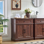 Farmhouse Storage Cabinet with 2 Doors and 1 Drawer, Adjustable Shelf, Freestanding Kitchen Pantry Cabinet, Modern Buffet Sideboard Coffee Bar Cabinet Living Room Bathroom Dining Room Cherry