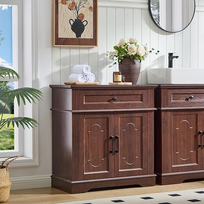 Farmhouse Storage Cabinet with 2 Doors and 1 Drawer, Adjustable Shelf, Freestanding Kitchen Pantry Cabinet, Modern Buffet Sideboard Coffee Bar Cabinet Living Room Bathroom Dining Room Cherry