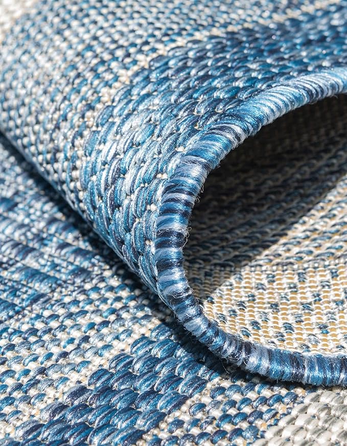 Unique Loom Outdoor Border Collection Area Rug - Soft Border (4' 1" Round, Blue/ Ivory)
