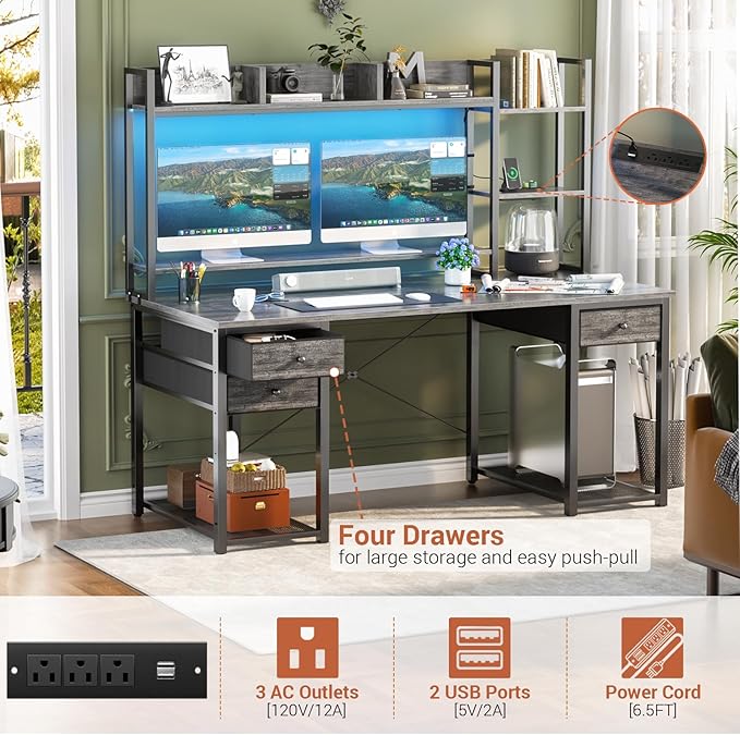 Aheaplus Desk with LED and Outlets, Gaming Desks with Hutch, 55.2'' Computer Desk with Drawers, Reversible Office Desk with Storage Bookshelf Large Workstation with Shelf, Desk for Home, Black Oak