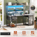 Aheaplus Desk with LED and Outlets, Gaming Desks with Hutch, 55.2'' Computer Desk with Drawers, Reversible Office Desk with Storage Bookshelf Large Workstation with Shelf, Desk for Home, Black Oak