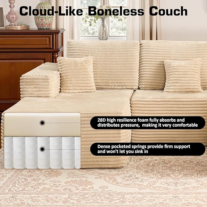 146‘' Oversized Cloud Sectional Couch, U Shaped Boneless Couches with Chaise & Ottoman, Plush Corduroy Deep Seat Modular Sofa for Living Room, No Assembly Required, Beige