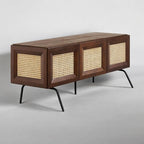 NTC Mossic TV Media Cabinet with 3 Doors for TVs, Entertainment Center with Natural Rattan, Metal Legs, Modern Storage Console for Living Room and Bedroom, Effortless Assembly, Dark Walnut