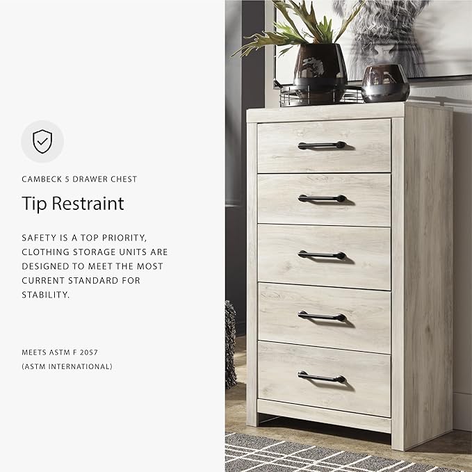 Signature Design by Ashley Cambeck Industrial 5 Drawer Chest with Safety Stop, Whitewash