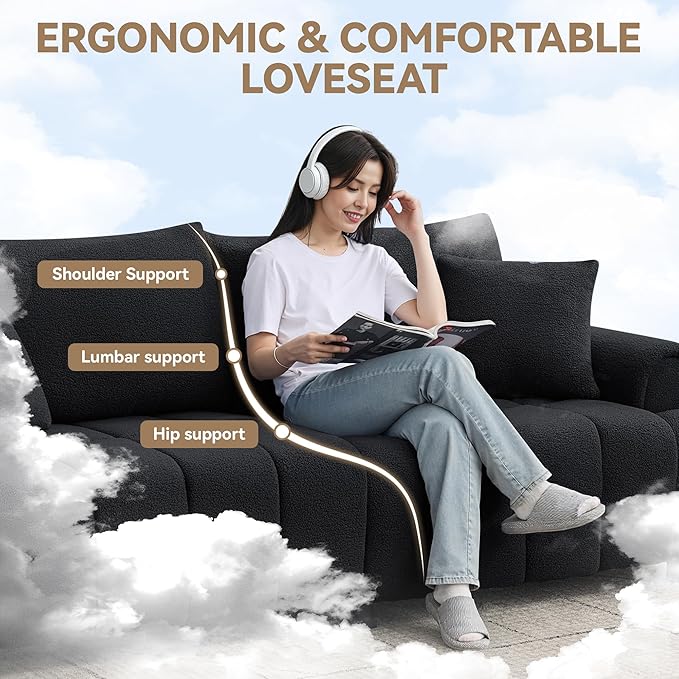 88 "Modern Boucle Sofa Couch, Oversized Comfy 3 Seater Sherpa Curved Sofas Deep Seat, Upholstered Loveseat Teddy Round Arm Couches for Living Room, Bedroom, Black