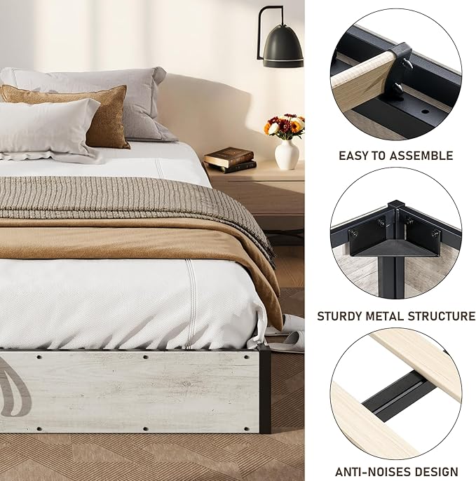 Lift Up Storage Bed Frame, King Size Wooden Platform Bed with Large Storage Underneath, No Box Spring Needed, Noise Free, Distressed White