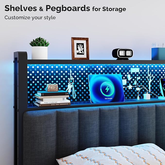 VINGLI King Size Headboard Only, Adjustable Upholstered Headboard with 2 Tier Shelves and Pegboard with Charging Stations and LED Lights, Modern Bed Headboard with Storage for Bedroom Decor