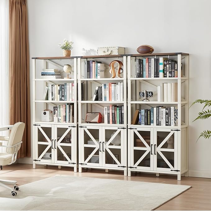 5 Tier Bookshelf 70" Tall Bookcase with Barn Doors,Large Farmhouse Display Book Shelf with Adjustable Shelves and Storage Cabinet，Library Wood Bookshelves for Living Room,Kitchen,Rustic White