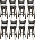 PrimeZone Swivel Bar Stools Set of 8, 30 Inch Bar Height Barstools, Black Faux Leather Bar Stool with High Backrest & Solid Wood Legs & Wrap-Around Footrest, Counter Stools for Kitchen Island, Pub