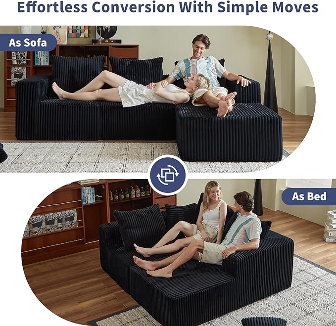 102" Black Couch for Living Room,Boneless Couch No Assembly Required,Comfy Couches with Oversized Chaise,Compressed Sofa for Any Room,Modern Sofa-Corduroy