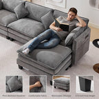 108" Modern L-Shaped Sectional Sofa with USB & Type-c Port Charger, Modular Cloud Couch, Deep Seating Chenille Fabric 4-Seater with Ottoman and Pillows for Living Room (Grey)