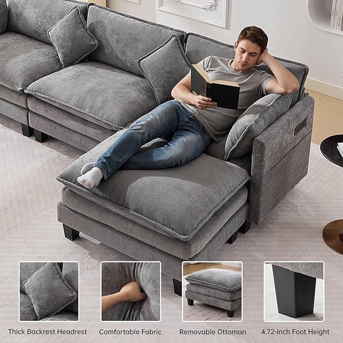 108" Modern L-Shaped Sectional Sofa with USB & Type-c Port Charger, Modular Cloud Couch, Deep Seating Chenille Fabric 4-Seater with Ottoman and Pillows for Living Room (Grey)