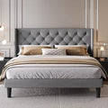 SHA CERLIN King Size Upholstered Platform Bed Frame with Wingback Headboard, Tufted Linen Fabric, Wooden Slats Support, Easy Assembly, Light Grey