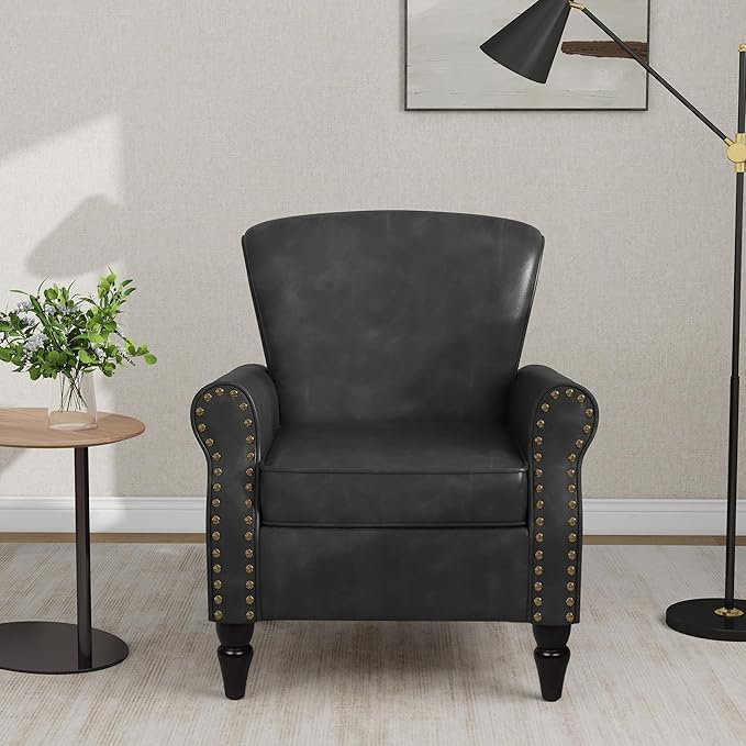 Accent Chair, Mid Century Modern Faux Leather Arm Chair with Wood Leg for Living Room, Bedroom, Comfy PU Leather Club Reading Chairs with Wingback & Nailhead Trim (Leather Black Grey, Set of 2)