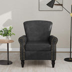 Accent Chair, Mid Century Modern Faux Leather Arm Chair with Wood Leg for Living Room, Bedroom, Comfy PU Leather Club Reading Chairs with Wingback & Nailhead Trim (Leather Black Grey, Set of 2)
