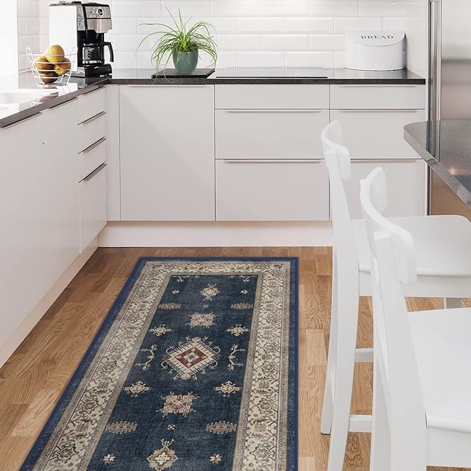 RUGGABLE Washable Vintage Runner Rug – Verena Sapphire 2.5x10, Stain-Resistant, Non-Slip Hallway Runner – Machine Washable Rug for Hallway, Entryway, Living Room & Kitchen–with Standard Pad