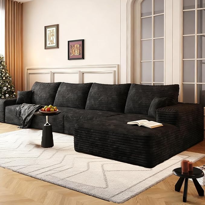 135.4" Large Cloud Modular Sectional Sofa with L-Shape Chaise, Deep Seat Upholstered Couches for Living Room，No Assembly Required, Corduroy Pet-Friendly Fabric (Black, Right Facing Chaise)