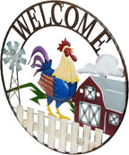 Alpine Corporation SCC578L Large Round Rooster and Farm Welcome Wall Decor, Sign for Entryway & Walkway, 30" Diameter, Multicolor