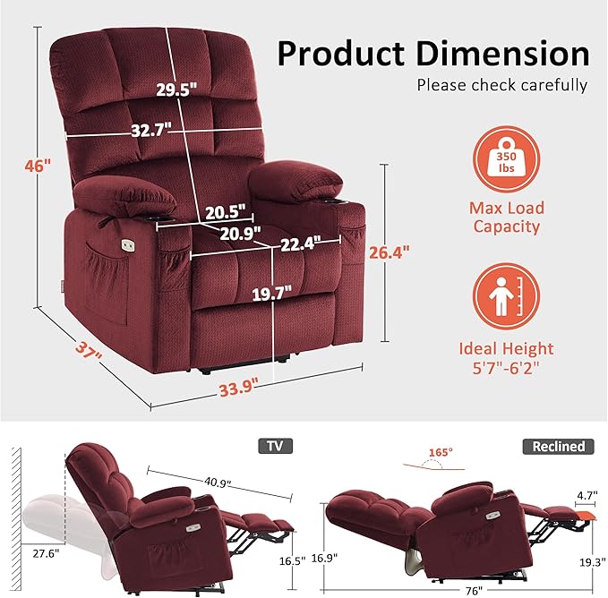 MCombo Large Dual Motor Power Lift Recliner Chair for Elderly, Massage and Heat, Lay Flat, Zero Gravity, Home Button, USB Port, Fabric 7680 (Large, Burgundy)