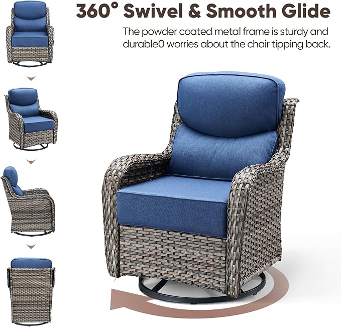 Swivel Patio Chairs sofa Set of 8 with 6" Thick Cushion - Wicker Outdoor Swivel Rocker Patio Chair ,Sofa/Glass coffee table, High Back Comfortable Outdoor Glider Chairs - Gery Wicker | Blue Cushions