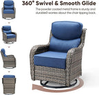 Swivel Patio Chairs Set of 3 with 6" Thick Cushion - Wicker Outdoor Swivel Rocker Patio Chairs with Side Table, High Back Comfortable Outdoor Glider- Grey Wicker | Blue Cushions