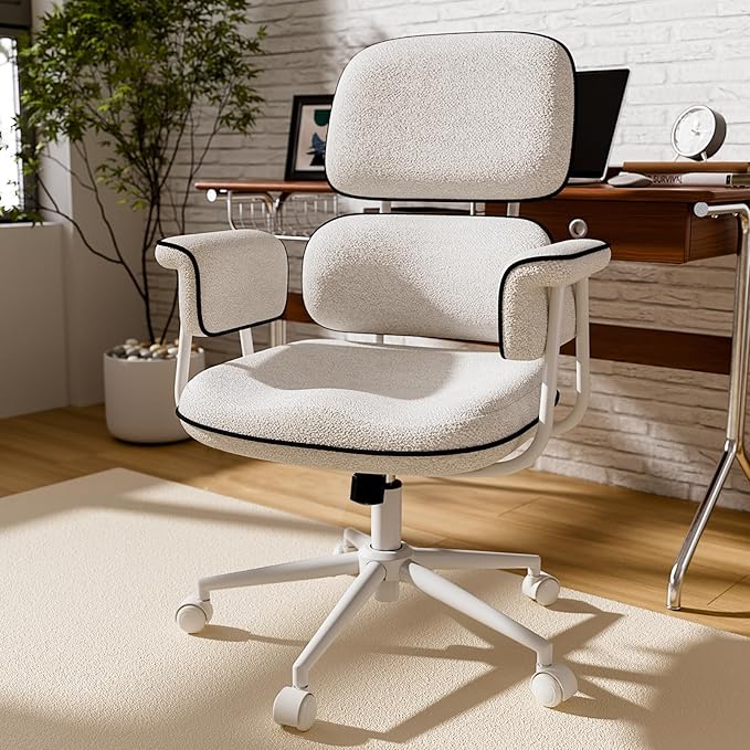 Fabric Office Chair with Granular Linen, Mid Back Vintage Desk Chair with Wheels and Wide Arms, Mid Century Modern Home Office Desk Chairs with Molded Cotton Seat Cushion, Adjustable Height, White