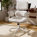Fabric Office Chair with Granular Linen, Mid Back Vintage Desk Chair with Wheels and Wide Arms, Mid Century Modern Home Office Desk Chairs with Molded Cotton Seat Cushion, Adjustable Height, White