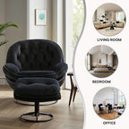 Set of 2 360° Swivel Modern Velvet Accent Chair with Ottoman | Mid-Century Button Tufted Lounge Chair for Living Room & Bedroom, Black
