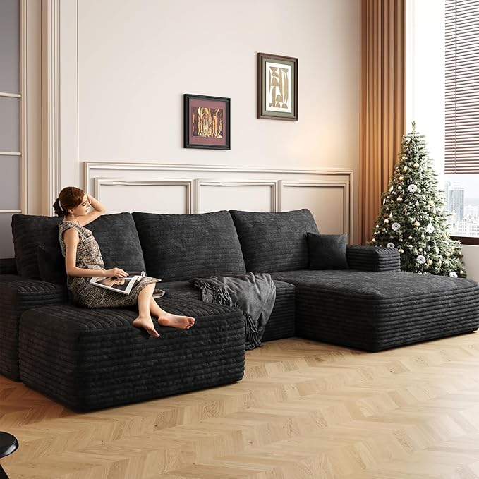 107.5" Cloud Modular Sectional with Ottoman, U-Shaped Sofa for Living Room, Modern Minimalist Couches, Deep Seat Comfy Couch & Reversible Chaise, No Assembly Required (Black, Right Facing Chaise)