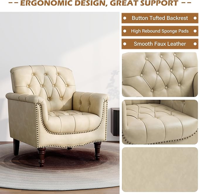 UIXE Faux Leather Accent Chairs Set of 2, Comfy Club Chair Upholstered Armchair for Living Room, Button Tufted Arm Chair Retro Single Sofa Side Reding Seat for Bedroom - Beige