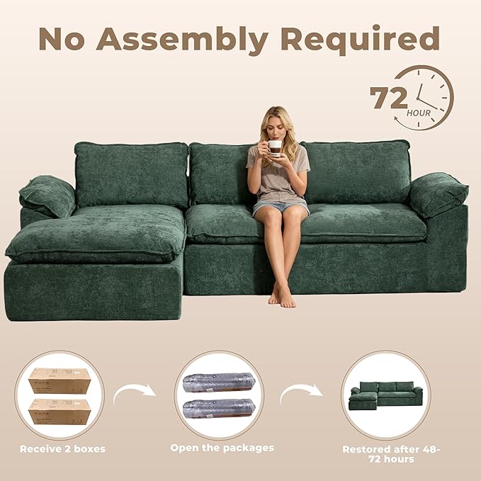 Modular Sectional Sofa, 107.5" L-Shaped Boneless Couch with Deep Seat, Modern Minimalist Upholstered Cloud Sectional Couch for Living Room Bedroom, No Assembly Required, Green Chenille