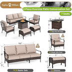Sophia & William Patio Furniture Set with 32" Fire Pit Table, 3-Seater Sofa, 2 Sofa Chairs, 2 Ottoman, 7 Seats Outdoor Metal Conversation Sets for Seating Lawn Garden Backyard, Beige