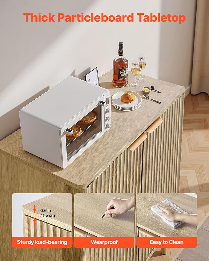 VEVOR Fluted Cabinet, Buffet Cabinet with 2-Tier Storage, Coffee Bar Cabinet with Adjustable Shelves, Sideboard Buffet for Hallway, Entryway, Living Room, or Kitchen, Oak