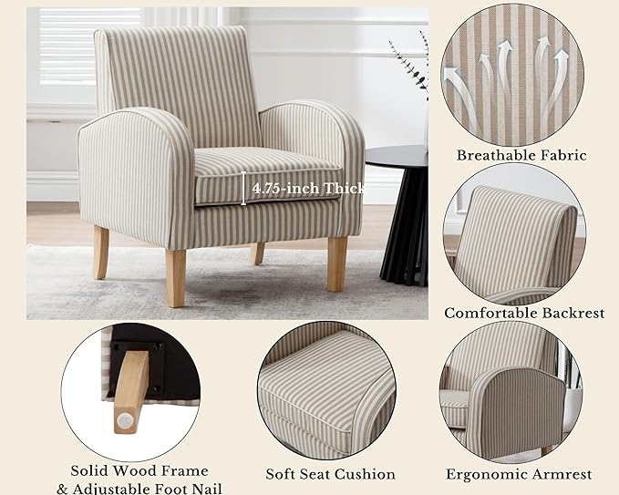 Farmhouse Striped Accent Chairs for Living Room Set of 2, Linen Fabric Modern Comfy Armchairs with Cushion, Upholstered Striped Reading Chairs for Bedroom Couch Chair with Wood Legs, Khaki