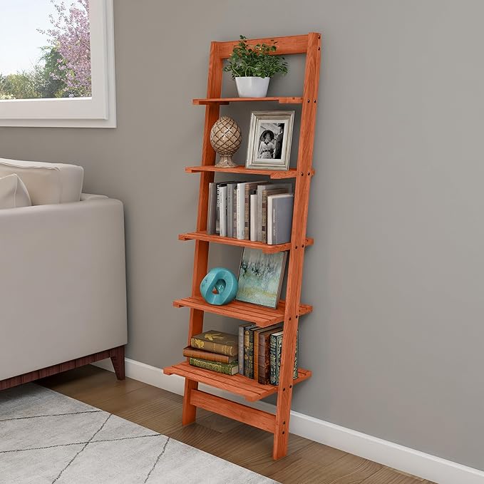 5-Tier Ladder Shelf - 50-Inch Narrow Leaning Bookshelf - Wooden Bookcase for Living Room, Bathroom, Kitchen, Office, or Bedroom Furniture by Lavish Home (Cherry)