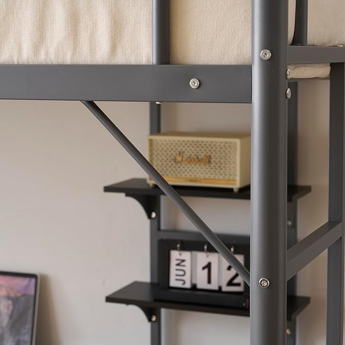 Karl home Twin Loft Bed with Desk and Storage Shelvs,Twin Bunk Bed with Desk for Kids Teens Adults, Saving Space,No Box Spring Needed, Non-Noice, Grey