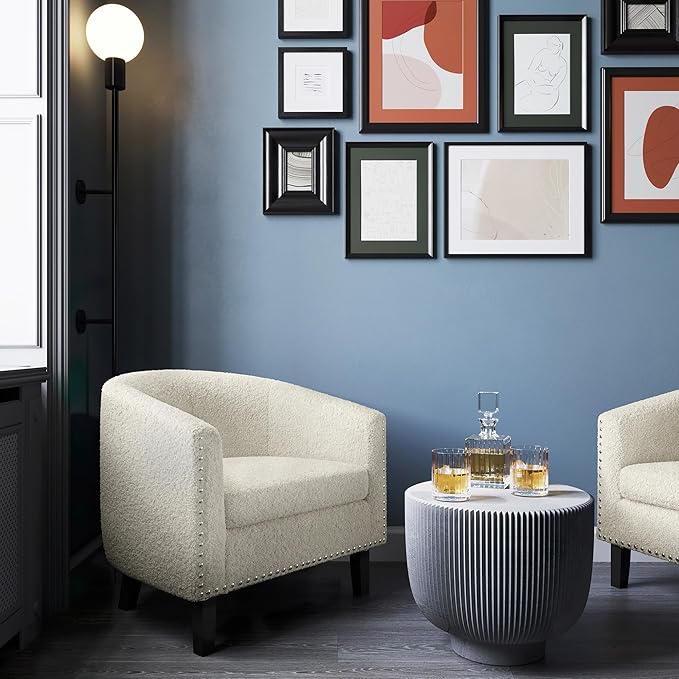 BELLEZE Accent Barrel Chairs Set of 2, Modern Tub Club Chairs Upholstered Armchairs for Living Room, Accent Chairs with Silver Nail Head Trim Black Legs - Kyara (White/Polyester)