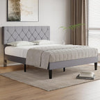 VECELO Queen Size Bed Frame with Button Tufted Headboard, Upholstered Platform Bedframe with Wood Slat Support, No Box Spring Needed, Linen Grey