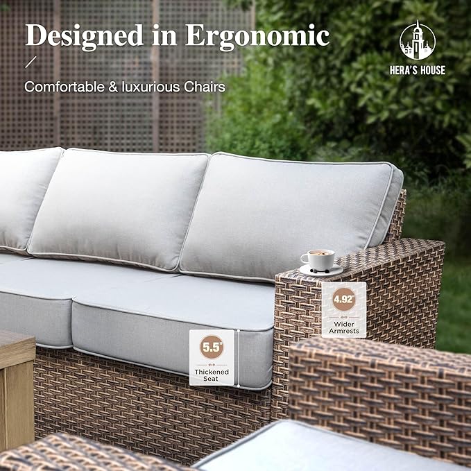 HERA'S HOUSE Swivel Glider Patio Furiture Conversation Set with 4.92" Wide Armrests, Outdoor Wicker Furniture with 5.5" Waterproof Cushions, 6 Pieces Outside Sofa Set for Deck Lawn, Light Grey
