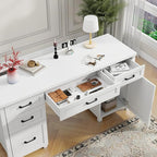 Vabches Farmhouse 61'' Executive Desk with 5 Drawers, Rustic Office Desk Computer Desk with Charging Station, File Drawers and Storage Cabinet, Wood Workstation for Study and Home Office,(Cream White