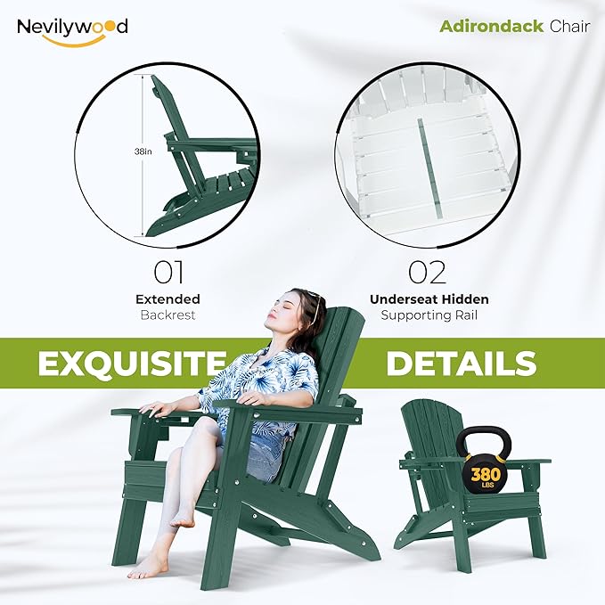 nevilywood Folding Adirondack Chair with Cup Holder Set of 4, HDPE Patio Chairs,All-Weather Outdoor Chairs for Backyard, Deck,Fire Pit-Green